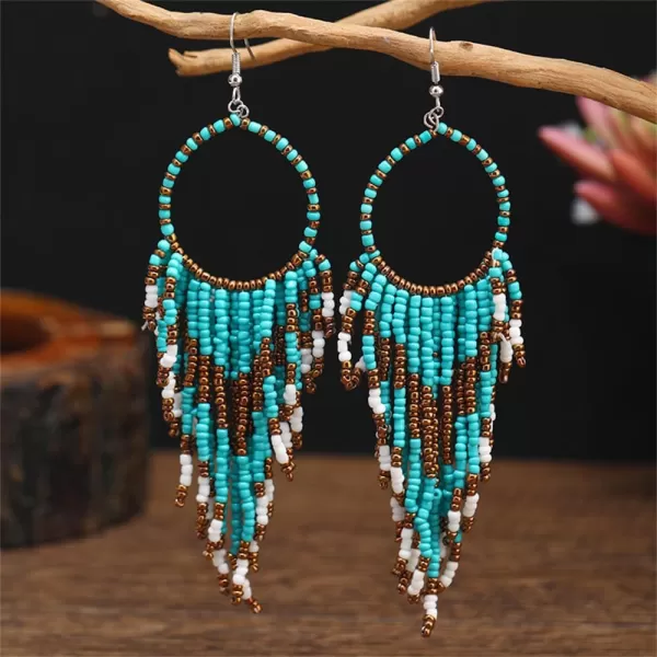imageBoho Long Fringe Drop Dangle Statement Earrings for Women Girls Hademade Ball Beads Hoop Tassel Chain Woven Dangling Hook Chandelier Tribal Exaggerated Dreamcatcher JewelryTurquoise
