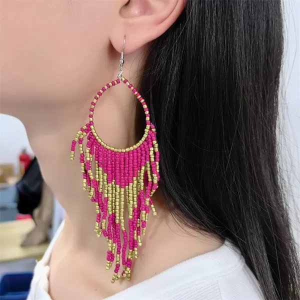 imageBoho Long Fringe Drop Dangle Statement Earrings for Women Girls Hademade Ball Beads Hoop Tassel Chain Woven Dangling Hook Chandelier Tribal Exaggerated Dreamcatcher JewelryFuchsia