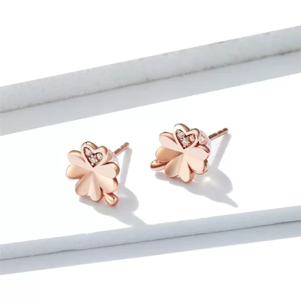 imageCZ Clover Cubic Zirconia 14K Rose Gold Flower Stud Earrings for Women 925 Sterling Silver Crystal Inlay Love Knot Heart Shaped 4 Leaf Clover Tragus Post Pin Hypoallergenic Earring Dainty Jewelry