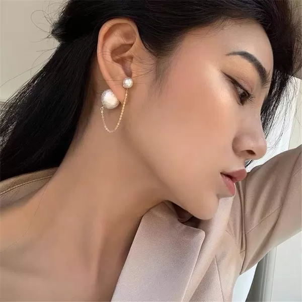 imageDouble Sided Faux Pearl Tassel Dangle Stud Earrings for Women Stainless Steel Gold Plated Chain Drop Front Back Ear Jacket Ball Studs Fashion Unique Jewelry Dainty Gifts for Best Friends