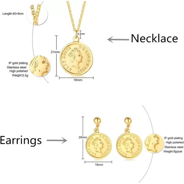 imageGold Queen Coin Jewelry Set Necklace Earring for Women Girls Stainlesss Steel Vintage Textured Ball Stud Carved Circle Disc Drop Dangle Pendant Choker GoddessampnbspCelebrity Medallion Souvenir Jewelry Gift