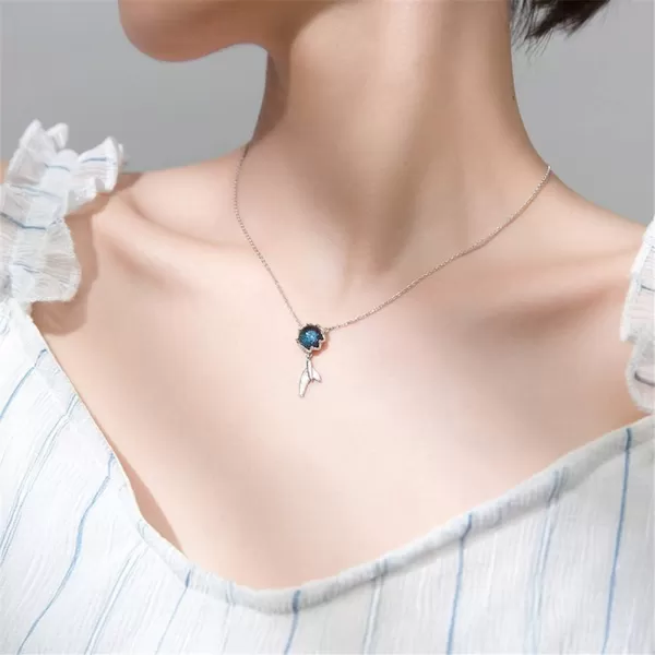 imageMermaid in Deep Ocean Sterling Silver Necklace for Women Blue Crystal Dolphin Whale Fish Tail Charm Pendant Adjustable Chain 17quot Fashion Sea Jewelry Delicate Souvenir for Daughter
