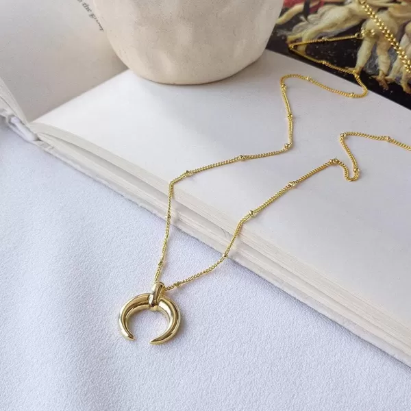 imageTiny Horn Choker Crescent Moon Pendant Necklace for Women Girls Men 925 Sterling Silver 14K Gold Plated Open Heart Karma Full Waning Half Moon Boho Ball Bead Chain Minimalist Delicate Jewelry Gift