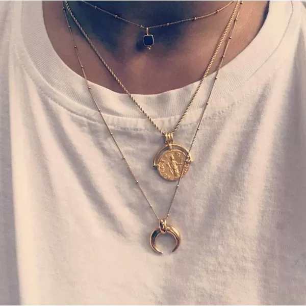 imageTiny Horn Choker Crescent Moon Pendant Necklace for Women Girls Men 925 Sterling Silver 14K Gold Plated Open Heart Karma Full Waning Half Moon Boho Ball Bead Chain Minimalist Delicate Jewelry Gift