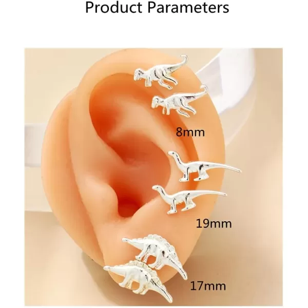 imageVintage Dinosaur Earrings Set for Women Silver Tone Hypoallergenic Cute Small Dragon Brontosaurus Animal Studs Cartilage Tragus Post Minimalist Simple Jewelry 3 Pairs