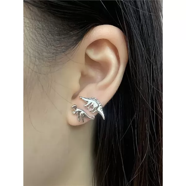 imageVintage Dinosaur Earrings Set for Women Silver Tone Hypoallergenic Cute Small Dragon Brontosaurus Animal Studs Cartilage Tragus Post Minimalist Simple Jewelry 3 Pairs
