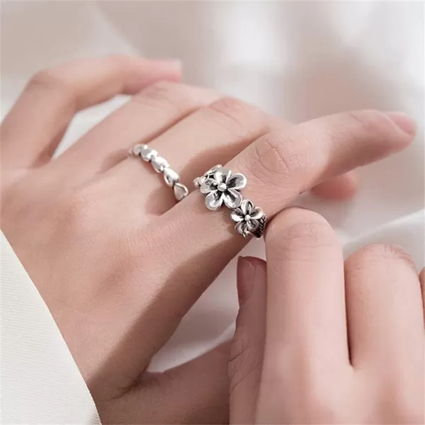 imageVintage Plumeria Flower 925 Silver Plated Open Band Ring for Women Statement Adjustable Expandable Daisy Knuckle Finger Rings Comfort Fit Oxidized Retro Birthday Jewelry Gift