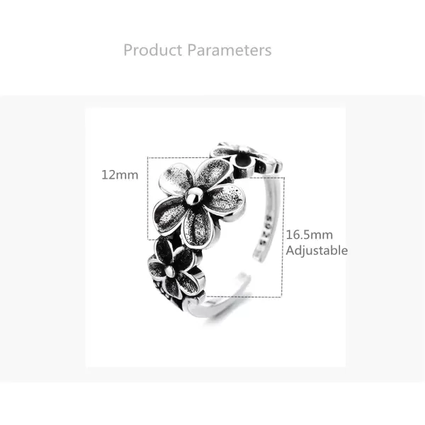 imageVintage Plumeria Flower 925 Silver Plated Open Band Ring for Women Statement Adjustable Expandable Daisy Knuckle Finger Rings Comfort Fit Oxidized Retro Birthday Jewelry Gift