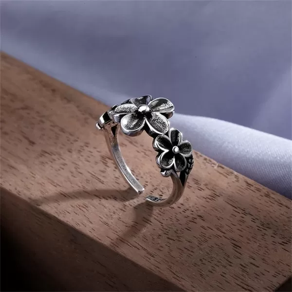 imageVintage Plumeria Flower 925 Silver Plated Open Band Ring for Women Statement Adjustable Expandable Daisy Knuckle Finger Rings Comfort Fit Oxidized Retro Birthday Jewelry Gift