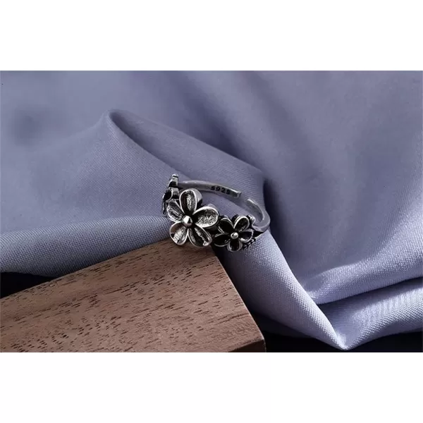 imageVintage Plumeria Flower 925 Silver Plated Open Band Ring for Women Statement Adjustable Expandable Daisy Knuckle Finger Rings Comfort Fit Oxidized Retro Birthday Jewelry Gift