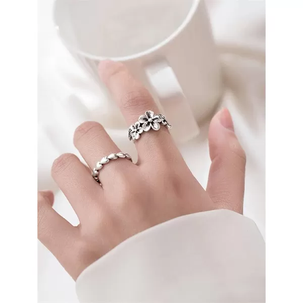 imageVintage Plumeria Flower 925 Silver Plated Open Band Ring for Women Statement Adjustable Expandable Daisy Knuckle Finger Rings Comfort Fit Oxidized Retro Birthday Jewelry Gift