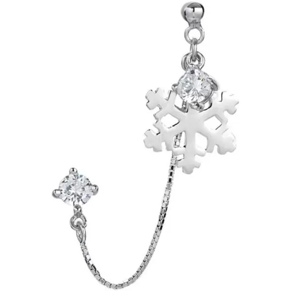image1 PC of CZ Snowflake Double Piercing Tassel Chain Drop Dangle Ball Bead Stud Earring for Women S925 Sterling Silver Crystal 2 Hole Helix Cartilage Post Pin Jewerly Cute Dainty Christmas