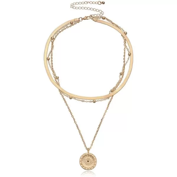 image3 Layered Engraved Coin Pendant Necklaces for Women Girls Boho Round Disc Charm Snake Ball Beaded Chain Adjustable Fashion Choker Necklaces Y2K Jewelry Gold