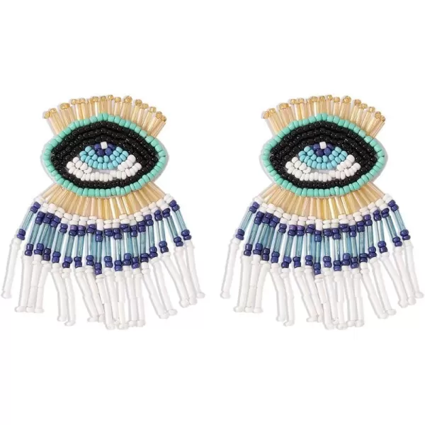 imageBoho Beaded Evil Eye Statement Drop Dangling Earrings for Women Vintage Acrylic Tassel Colorful Rice Beads Chain Dangling Stud Bohemian Jewelry Delicate