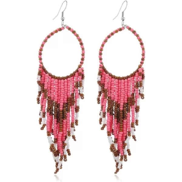 imageBoho Long Fringe Drop Dangle Statement Earrings for Women Girls Hademade Ball Beads Hoop Tassel Chain Woven Dangling Hook Chandelier Tribal Exaggerated Dreamcatcher JewelryPink