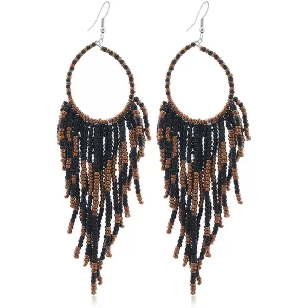 imageBoho Long Fringe Drop Dangle Statement Earrings for Women Girls Hademade Ball Beads Hoop Tassel Chain Woven Dangling Hook Chandelier Tribal Exaggerated Dreamcatcher JewelryBlack