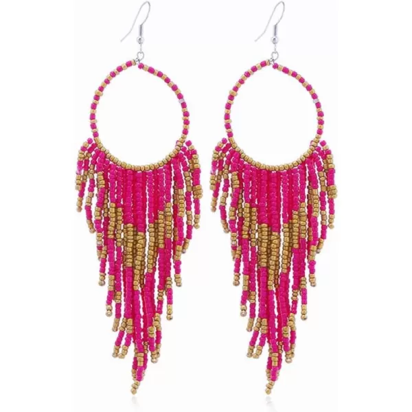 imageBoho Long Fringe Drop Dangle Statement Earrings for Women Girls Hademade Ball Beads Hoop Tassel Chain Woven Dangling Hook Chandelier Tribal Exaggerated Dreamcatcher JewelryFuchsia