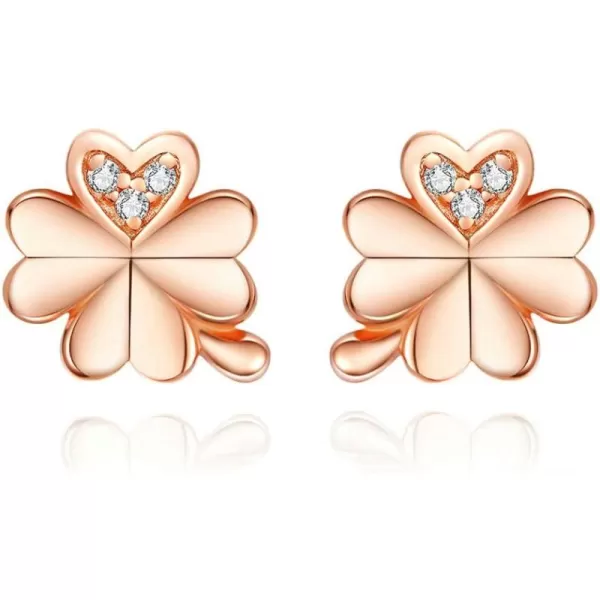 imageCZ Clover Cubic Zirconia 14K Rose Gold Flower Stud Earrings for Women 925 Sterling Silver Crystal Inlay Love Knot Heart Shaped 4 Leaf Clover Tragus Post Pin Hypoallergenic Earring Dainty Jewelry