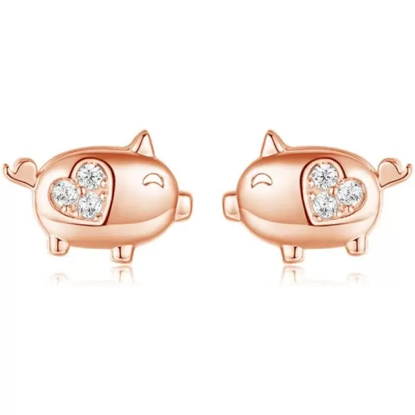 imageCrystal Love Heart Cute Pig Sterling Silver Studs Earrings for Women Sensitive Ears Tiny Animal Pet Lucky Post 14K Rose Gold