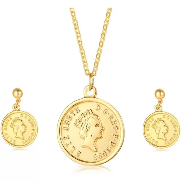 imageGold Queen Coin Jewelry Set Necklace Earring for Women Girls Stainlesss Steel Vintage Textured Ball Stud Carved Circle Disc Drop Dangle Pendant Choker GoddessampnbspCelebrity Medallion Souvenir Jewelry Gift