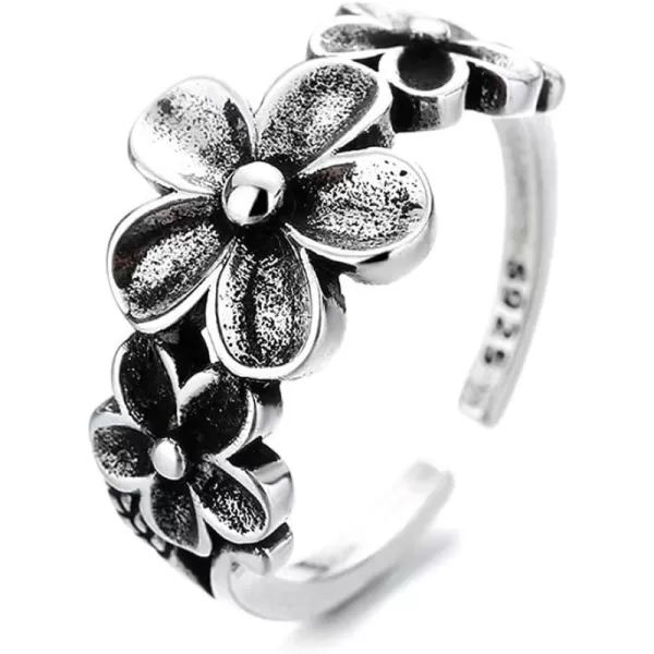 imageVintage Plumeria Flower 925 Silver Plated Open Band Ring for Women Statement Adjustable Expandable Daisy Knuckle Finger Rings Comfort Fit Oxidized Retro Birthday Jewelry Gift