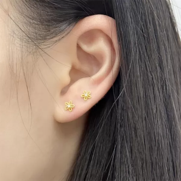 image18G Daisy Flower Stud Cartilage Earrings for Women Girls 925 Sterling Silver CZ Tiny Cute Floral 3mm Ball Barbell Screw Back Studs Sleeper Tragus Post Hypoallergenic Piercing Body Jewelry GiftsGolden