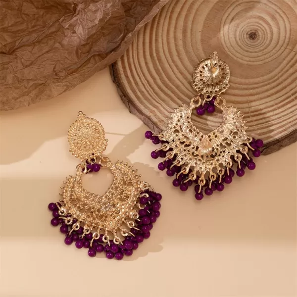 imageBoho Ball Tassel Statement Dangle Earrings for Women Girls Vintage Flower Heart Shaped Beaded Chandelier Drop Dangling Earring Indian Bollywood Jewelry Gifts for Jhumka Festival Holiday ChristmasPurple