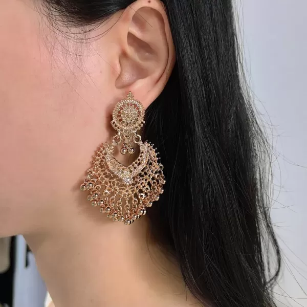 imageBoho Ball Tassel Statement Dangle Earrings for Women Girls Vintage Flower Heart Shaped Beaded Chandelier Drop Dangling Earring Indian Bollywood Jewelry Gifts for Jhumka Festival Holiday ChristmasLight Golden Color