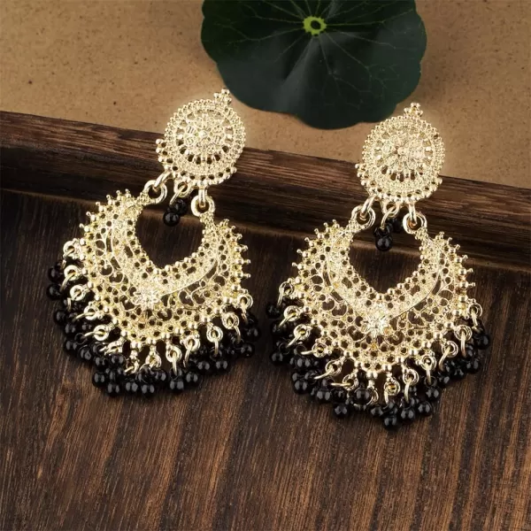 imageBoho Ball Tassel Statement Dangle Earrings for Women Girls Vintage Flower Heart Shaped Beaded Chandelier Drop Dangling Earring Indian Bollywood Jewelry Gifts for Jhumka Festival Holiday ChristmasBlack