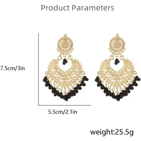 imageBoho Ball Tassel Statement Dangle Earrings for Women Girls Vintage Flower Heart Shaped Beaded Chandelier Drop Dangling Earring Indian Bollywood Jewelry Gifts for Jhumka Festival Holiday ChristmasBlack
