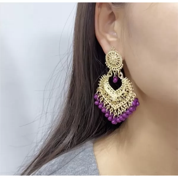 imageBoho Ball Tassel Statement Dangle Earrings for Women Girls Vintage Flower Heart Shaped Beaded Chandelier Drop Dangling Earring Indian Bollywood Jewelry Gifts for Jhumka Festival Holiday ChristmasPurple
