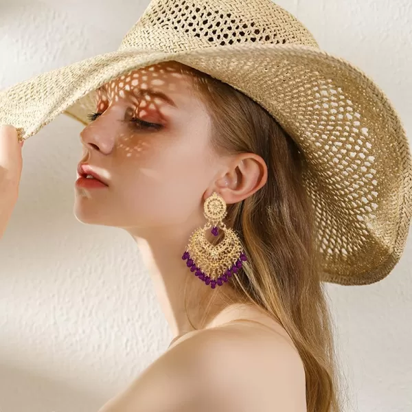 imageBoho Ball Tassel Statement Dangle Earrings for Women Girls Vintage Flower Heart Shaped Beaded Chandelier Drop Dangling Earring Indian Bollywood Jewelry Gifts for Jhumka Festival Holiday ChristmasPurple
