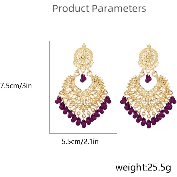 imageBoho Ball Tassel Statement Dangle Earrings for Women Girls Vintage Flower Heart Shaped Beaded Chandelier Drop Dangling Earring Indian Bollywood Jewelry Gifts for Jhumka Festival Holiday ChristmasPurple