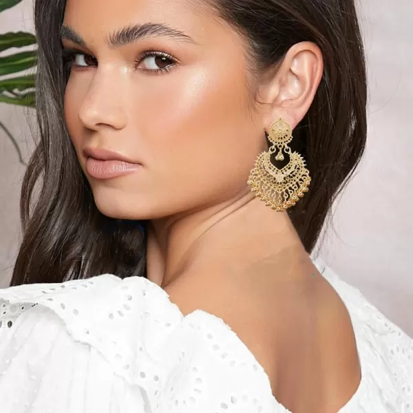 imageBoho Ball Tassel Statement Dangle Earrings for Women Girls Vintage Flower Heart Shaped Beaded Chandelier Drop Dangling Earring Indian Bollywood Jewelry Gifts for Jhumka Festival Holiday ChristmasLight Golden Color