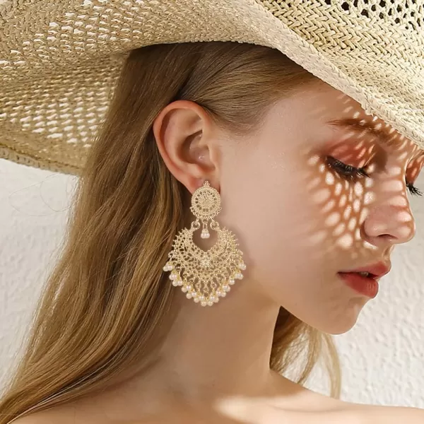 imageBoho Ball Tassel Statement Dangle Earrings for Women Girls Vintage Flower Heart Shaped Beaded Chandelier Drop Dangling Earring Indian Bollywood Jewelry Gifts for Jhumka Festival Holiday ChristmasWhite