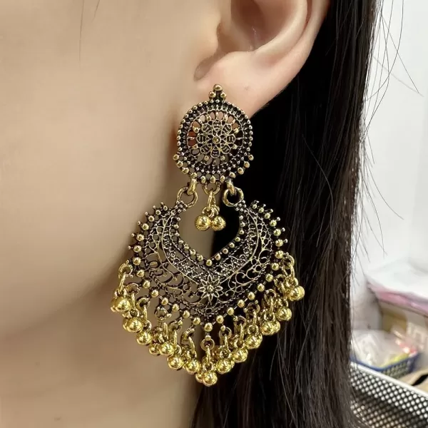 imageBoho Ball Tassel Statement Dangle Earrings for Women Girls Vintage Flower Heart Shaped Beaded Chandelier Drop Dangling Earring Indian Bollywood Jewelry Gifts for Jhumka Festival Holiday ChristmasBronze
