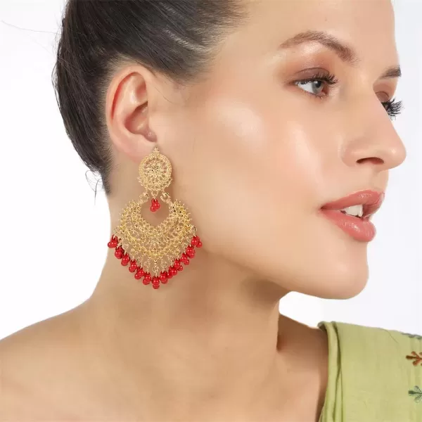 imageBoho Ball Tassel Statement Dangle Earrings for Women Girls Vintage Flower Heart Shaped Beaded Chandelier Drop Dangling Earring Indian Bollywood Jewelry Gifts for Jhumka Festival Holiday ChristmasRed