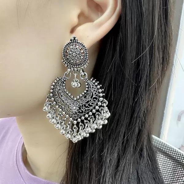 imageBoho Ball Tassel Statement Dangle Earrings for Women Girls Vintage Flower Heart Shaped Beaded Chandelier Drop Dangling Earring Indian Bollywood Jewelry Gifts for Jhumka Festival Holiday ChristmasSilvery