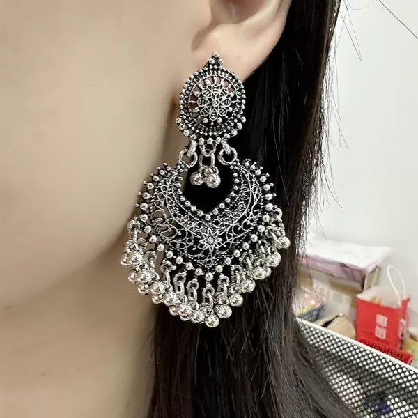imageBoho Ball Tassel Statement Dangle Earrings for Women Girls Vintage Flower Heart Shaped Beaded Chandelier Drop Dangling Earring Indian Bollywood Jewelry Gifts for Jhumka Festival Holiday ChristmasSilvery