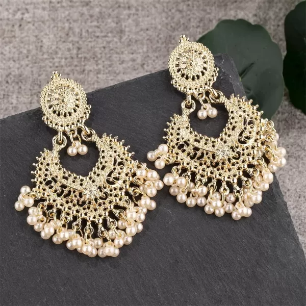 imageBoho Ball Tassel Statement Dangle Earrings for Women Girls Vintage Flower Heart Shaped Beaded Chandelier Drop Dangling Earring Indian Bollywood Jewelry Gifts for Jhumka Festival Holiday ChristmasWhite