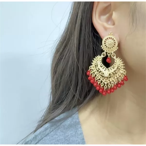imageBoho Ball Tassel Statement Dangle Earrings for Women Girls Vintage Flower Heart Shaped Beaded Chandelier Drop Dangling Earring Indian Bollywood Jewelry Gifts for Jhumka Festival Holiday ChristmasRed