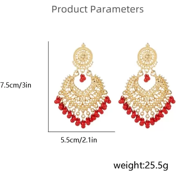 imageBoho Ball Tassel Statement Dangle Earrings for Women Girls Vintage Flower Heart Shaped Beaded Chandelier Drop Dangling Earring Indian Bollywood Jewelry Gifts for Jhumka Festival Holiday ChristmasRed