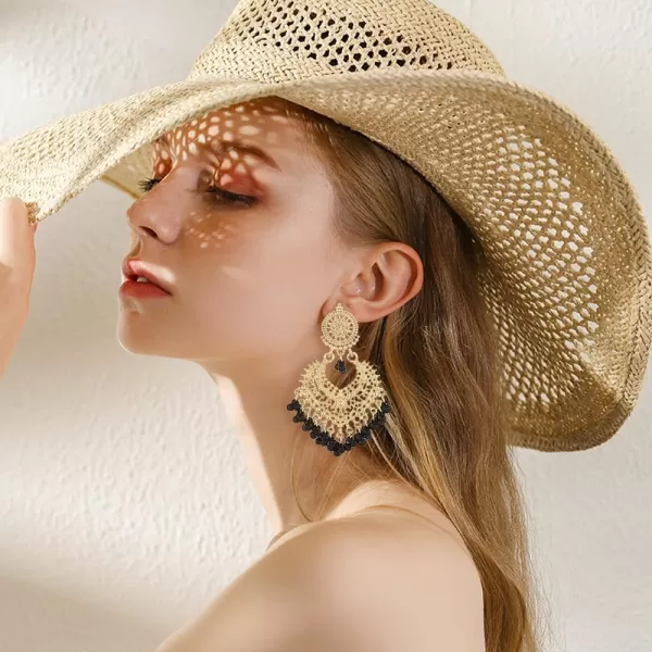 imageBoho Ball Tassel Statement Dangle Earrings for Women Girls Vintage Flower Heart Shaped Beaded Chandelier Drop Dangling Earring Indian Bollywood Jewelry Gifts for Jhumka Festival Holiday ChristmasBlack