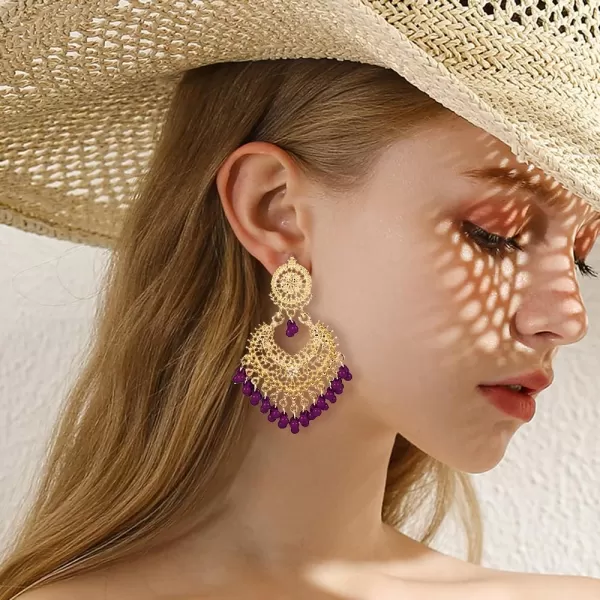 imageBoho Ball Tassel Statement Dangle Earrings for Women Girls Vintage Flower Heart Shaped Beaded Chandelier Drop Dangling Earring Indian Bollywood Jewelry Gifts for Jhumka Festival Holiday ChristmasPurple