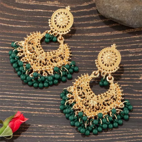 imageBoho Ball Tassel Statement Dangle Earrings for Women Girls Vintage Flower Heart Shaped Beaded Chandelier Drop Dangling Earring Indian Bollywood Jewelry Gifts for Jhumka Festival Holiday ChristmasGreen