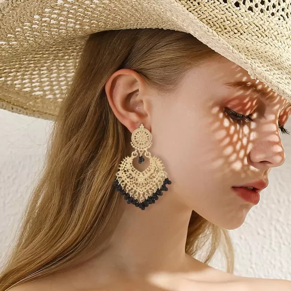 imageBoho Ball Tassel Statement Dangle Earrings for Women Girls Vintage Flower Heart Shaped Beaded Chandelier Drop Dangling Earring Indian Bollywood Jewelry Gifts for Jhumka Festival Holiday ChristmasBlack