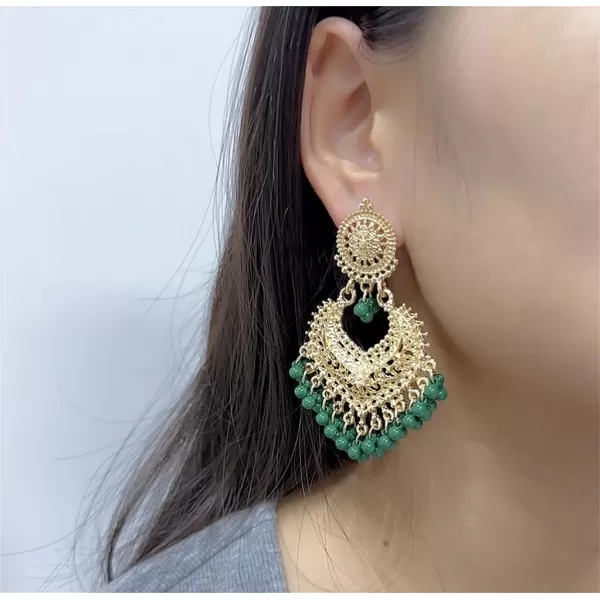 imageBoho Ball Tassel Statement Dangle Earrings for Women Girls Vintage Flower Heart Shaped Beaded Chandelier Drop Dangling Earring Indian Bollywood Jewelry Gifts for Jhumka Festival Holiday ChristmasGreen