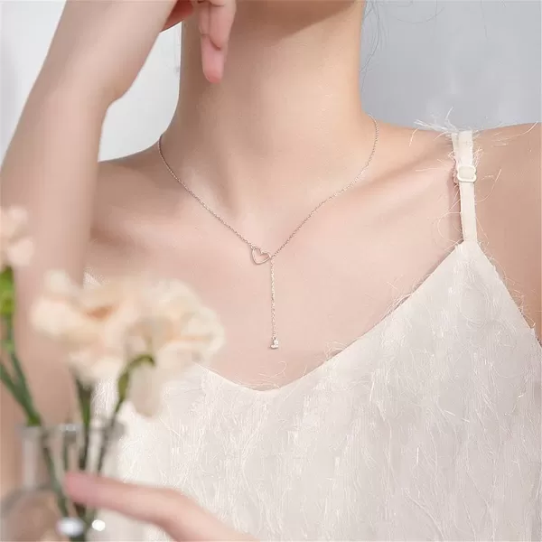 imageCrystal Love Heart Y Necklaces for Women S925 Sterling Silver Lovely Long Rhinestone Drop Pendant Choker Necklace Chic Adjustable Lariat Style Chain Minimalist Simple Jewelry