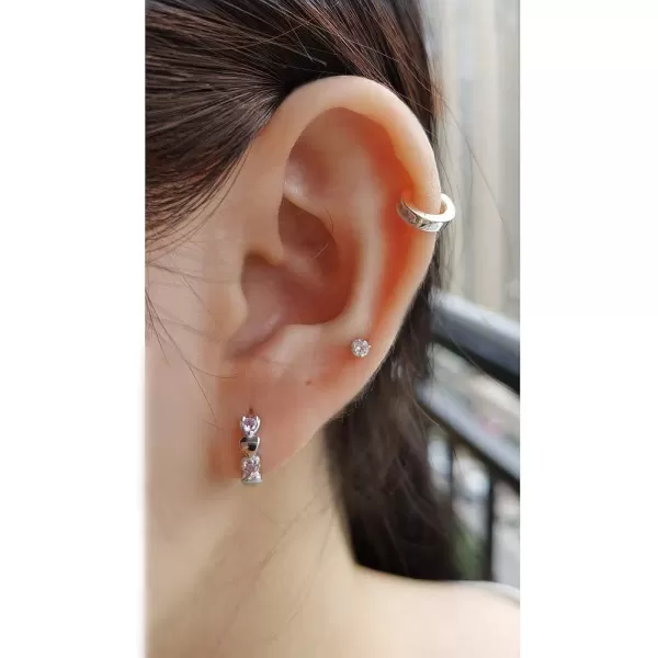 imageDouble Love Heart Cubic Zirconia Small Hoop Earrings for Women Girls 925 Sterling Silver Hypoallergenic Pink CZ Huggie Hoops Cartilage Dainty Jewelry Gifts
