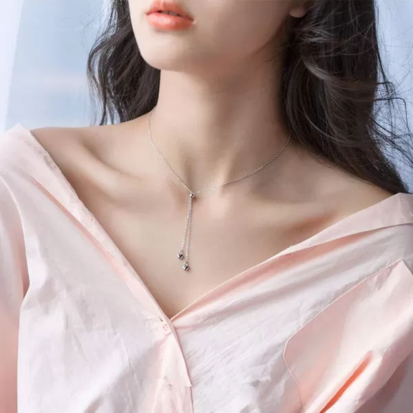 imageHeart Bead Choker Y Necklace for Women S925 Sterling Silver Tiny Double Love Tassel Drop Pendant Minimalism Adjustable Long Chain Charms Delicate Jewelry Best Friend Box